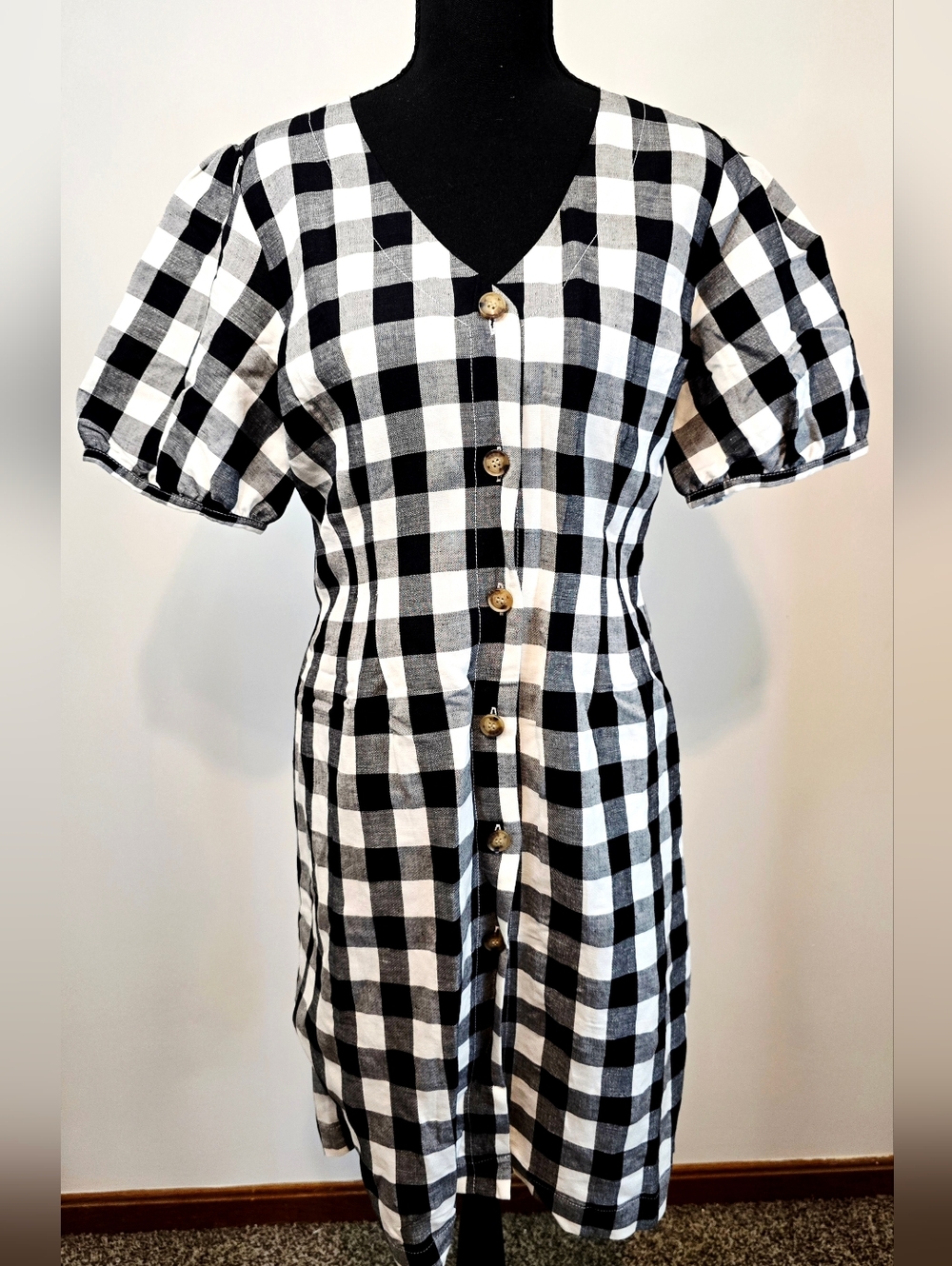 LOFT Black White Gingham Dress Teacher Linen Blend Cottagecore Coastal Preppy - Picture 3 of 12